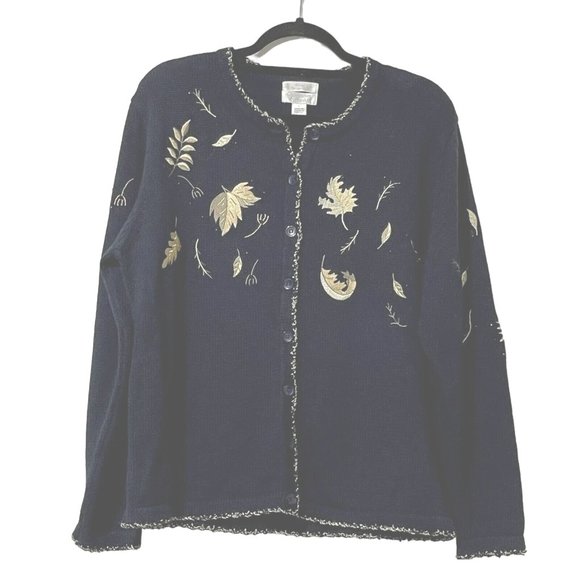 Christopher & Banks VTG size L hand embroidered navy/ gold autumn leaf cardigan - Picture 1 of 8